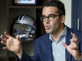 Montreal Alouettes president Patrick Boivin is interviewed at his office in downtown Montreal on Monday, Oct. 16, 2017.