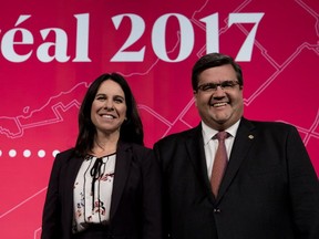 Denis Coderre and Valérie Plante prepare to take part in the French language debate Thursday night.