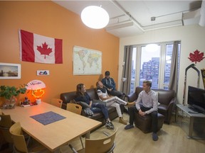 The common room at La Marq is the living room and dining area in the student accomodations shared by five students from different countries in downtown Montreal. 
Shwon are Mathilde Granger, left, (Quebec), Jessica Currey (New Zealand), Mohammed Ali (Kenya) and Florian Montaufier (France).