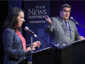 Denis Coderre criticizes Valérie Plante during English-language debate in Montreal on Monday, Oct. 23, 2017.