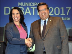 MONTREAL, QUE.: OCTOBER 23, 2017 -- Montreal Mayor Denis Coderre and Projet Montreal candidate Valerie Plante arrive together for a photo opportunity prior to English language debate in Montreal Monday October 23, 2017. (John Mahoney / MONTREAL GAZETTE) ORG XMIT: 59590 - 5902 ORG XMIT: POS1710231800039182
John Mahoney, Montreal Gazette