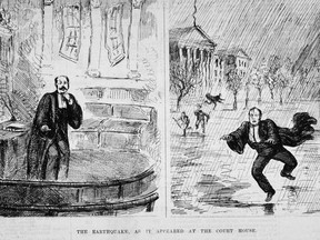 THE EARTHQUAKE, AS IT APPEARED AT THE COURT HOUSE: cropped illustrations from the Canadian Illustrated News, Oct. 29, 1870.