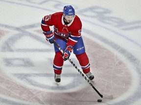 Canadiens rookie defenceman Victor Mete skates past centre ice at the Bell Centre during warmup before game against the Florida Panthers at the Bell Centre on Oct. 24, 2017.