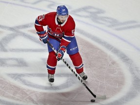 Montreal Canadiens Victor Mete skates past centre ice during warmup prior to National Hockey League game against the Florida Panthers in Montreal Tuesday October 24, 2017.