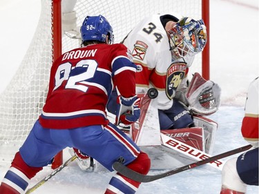 Montreal Canadiens Jonathan Drouin's shot is stopped by Florida Panthers James Reimer during first period of National Hockey League game in Montreal Tuesday October 24, 2017.