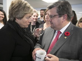 Montreal incumbent mayor Denis Coderre, right,  with Anie Samson, the incumbent mayor of the borough of St-Michel / Park Extension following their  address to a crowd on Friday October 27, 2017. Coderre was visiting coffee plant in the morning during campaign election stop. (Pierre Obendrauf / MONTREAL GAZETTE)