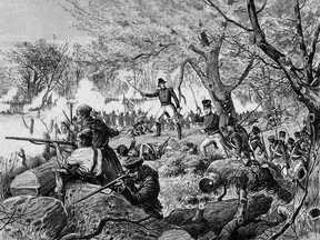 The Battle of Chateauguay (Oct. 26, 1813), was commanded by Lt.-Col. Charles de Salaberry, a Quebec-born officer in the British army. Lithograph by Henri Julien (1852 - 1908), from Le Journal du Dimanche, June 24, 1884