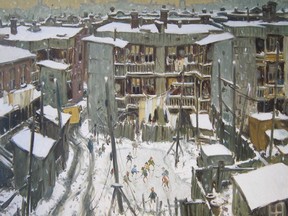 John Little, 1965: Faubourg à m'lasse, Dorion Street. Pickup hockey games are a familiar theme, serving as bittersweet reminders of the back lanes and vacant lots that have since disappeared.