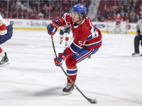 Montreal Canadiens' Charles Hudon takes a shot on goal during first period of National Hockey League game against the Florida Panthers in Montreal on Sept. 29, 2017.