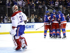 Mats Zuccarello of the New York Rangers celebrates with his teammates after scoring his second goal against Carey Price of the Montreal Canadiens during the second period in Game Six of the Eastern Conference First Round during the 2017 NHL Stanley Cup Playoffs at Madison Square Garden on April 22, 2017 in New York City.