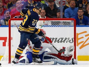 Canadiens' Carey Price makes one of his 43 saves, stifling Sabres' Sam Reinhart during the first period Thursday night in Buffalo.