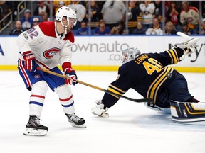 Jonathan Drouin of the Montreal Canadiens scores the winning goal against Robin Lehner of the Buffalo Sabres during the shootout at the KeyBank Center on October 5, 2017 in Buffalo, New York.