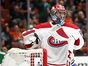 Carey Price of the Montreal Canadiens looks on during the third period of a game against the Anaheim Ducks at Honda Center on October 20, 2017 in Anaheim, California. The west coast trip for the Canadiens was not a productive one with three losses.