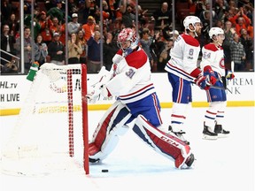 Carey Price smashes his goalie stick against the post after giving up the sixth goal to the Ducks during a 6-0 loss at the Honda Center in Anaheim on Friday, Oct. 20, 2017.