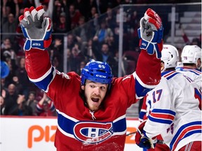 Canadiens' Andrew Shaw reacts on a goal by teammate Max Pacioretty in the second period against the New York Rangers during the NHL game at the Bell Centre on Saturday, Oct. 28, 2017.