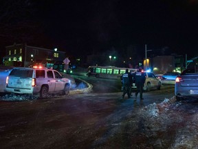 Police officers respond to a shooting in a mosque at the Québec City Islamic cultural center on Sainte-Foy Street in Quebec city on January 29, 2017.