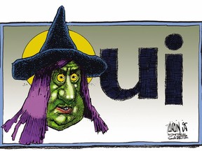 Unpublished Aislin cartoon, 1995: Lucien Bouchard as a witch.