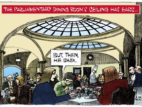 Aislin cartoon from 2009 shows dining room on Parliament Hill. The cartoonist was told by Sen. Joan Fraser that echoes from the shallow domes in the room make private conversations difficult.