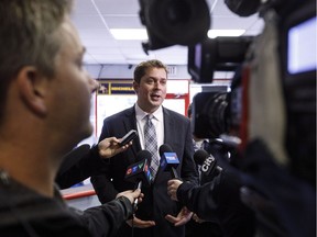 The Leader of the Conservative Party of Canada Andrew Scheer delivers remarks about Prime Minister Justin Trudeau's tax hike on local businesses in Edmonton on Tuesday October 10, 2017.