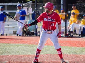 Pierrefonds native Sasha Lagarde, an outfielder/designated hitter for the McGill Redmen baseball team, in action in 2017. His fraternal twin brother, André, also plays for the Redmen baseball team.