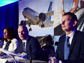 Quebec Deputy Premier and Minister of Economy, Science and Innovation Dominique Anglade, (left to right), Bombardier president and CEO Alain Bellemare and president and chief operating officer of North America for Airbus Helicopters Romain Trapp speak to the media during a press conference in Montreal on October 16, 2017. Bombardier Inc. has announced it will partner with Netherlands-based aerospace giant Airbus on its CSeries program.