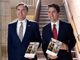Finance Minister Bill Morneau and Prime Minister Justin Trudeau proudly display copies of the federal budget on March 22, 2017.
