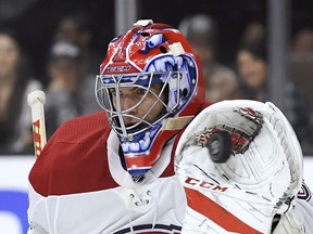 Canadiens goalie Al Montoya gloves the puck during the second period of an NHL hockey game against the Los Angeles Kings on, Oct. 18, 2017, in Los Angeles.