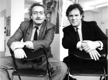 Dimitri Eipides, left, and Claude Chamberlan, right, founders of the Festival du nouveau cinéma, on Oct. 9, 1986.