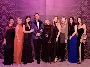 Katerine Rocheleau, left, Paule Labelle, Marie-Lise Andrade, Martin Couture, Lise Watier, Élyse Léger, Marie-Pier Therrien, Nathalie Marcoux and Cathy Samson at the Lise Watier Foundation ball.