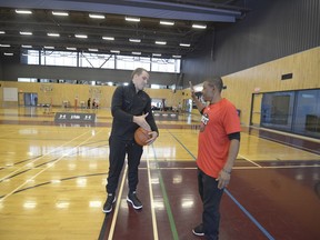 Christopher Curtis, left, and Muggsy Bogues at NBA combine on Saturday. Sept. 30, 2017.