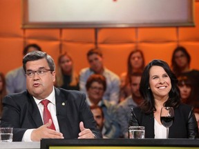Denis Coderre, left, and Valérie Plante during an interview with the TV show Tout le monde en parle recorded on Thursday, Oct. 12, 2017, and broadcast Sunday, Oct. 15, 2017.