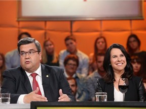 Denis Coderre and Valérie Plante during an interview with the TV show Tout le monde en parle last week. While Plante was constantly laughing during Thursday's French-laguage debate, Coderre didn't smile once.
