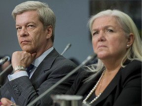 Julie Tremblay, then Chief Operating Officer, Sun Media Corporation with Luc Lavoie, Sun News network's head of development at a CRTC hearing April 23, 2013. (THE CANADIAN PRESS/Justin Tang)