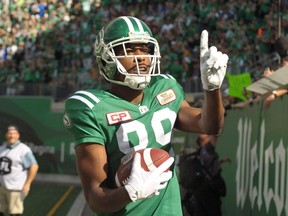 Roughriders' Duron Carter celebrates a touchdown against the Blue Bombers in September. "I always think I'm the best football player going out there, regardless of where I'm at," he says.