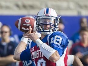 Alouettes quarterback Matthew Shiltz throws a pass during second half CFL football action against the Hamilton Tiger-Cats, in Montreal on Oct. 22, 2017.