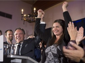 Coalition Avenir Québec candidate Geneviève Guilbault celebrates her victory with leader François Legault, in a provincial by-election in the riding of Louis-Hébert, Monday, October 2, 2017 in Quebec City.