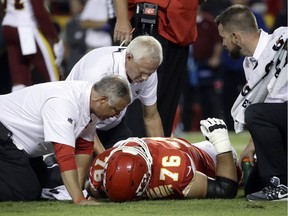 Laurent Duvernay-Tardif

Kansas City Chiefs offensive lineman Laurent Duvernay-Tardif (76) is tended to by trainers during the first half of an NFL football game against the Washington Redskins in Kansas City, Mo., Monday, Oct. 2, 2017. (AP Photo/Charlie Riedel) ORG XMIT: MONH114
Charlie Riedel, AP