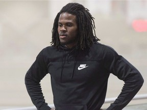 Tevaughn Campbell warms up for 60-metre sprint training at the University of Regina on Thursday, March 2, 2017. Fresh off a history-making World Series season, Canadian rugby sevens coach Damian McGrath has unveiled a 2017-18 roster that sees some crossover from the 15s team and the inclusion of Montreal Alouettes speedster Tevaughn Campbell.