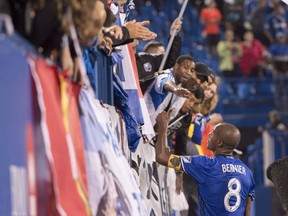 Impact midfielder Patrice Bernier greets fans following the team's 1-0 loss to New York City FC at Saputo Stadium in September.