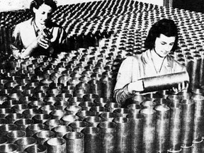 Women work with bombshells at an unidentified Montreal munitions plant during WWII. The war-material factories concentrated in Montreal would have been  prime targets had Germany's Luftwaffe pilots been ordered to bomb Canada.