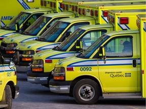 Ambulances line up at the Royal Victoria hospital on the day of the hospital's move to the MUHC Glen campus hospital in Montreal on Sunday, April 26, 2015.