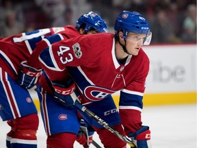 Montreal Canadiens left-wing Daniel Carr waits for the puck to drop during pre-season NHL action against the New jersey Devils at the Bell Centre in Montreal on Thursday September 21, 2017.