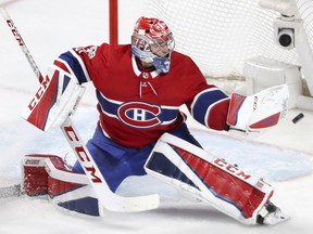 Montreal Canadiens' Carey Price makes a trapper save against the Florida Panthers in Montreal on Oct. 24, 2017.