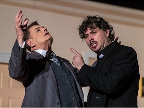 Clive Brewer as Orgon and Jordan Marchand as Tartuffe, right, during a scene from the Lakeshore Players Dorval's production of Molière's comedy Tartuffe.