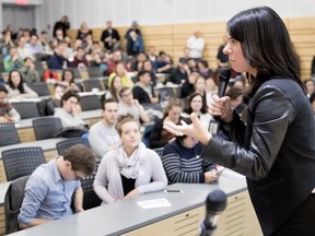 Mayoral candidate Valérie Plante speaks with Université de Montréal students on Wednesday.