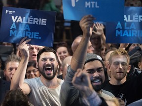 Projet Montreal supporters react as results begin to arrive in the municipal election in Montreal on Sunday November 5, 2017.