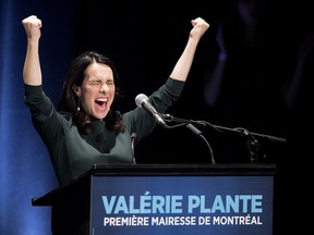 Projet Montreal leader Valerie Plante celebrates as she takes the stage becoming Montreal's first female mayor during municipal elections in Montreal on Sunday November 5, 2017.