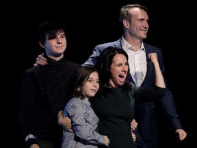 Projet Montréal Leader Valérie Plante celebrates her victory on stage with her family: husband Pierre-Antoine Harvey and sons Emile, left, and Gael.
