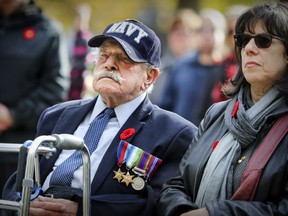 Ninety-six year old veteran of the Royal Canadian Navy Harry Hurwitz, accompanied by his daughter Debbie Hurwitz-Cooper, was honoured during Remembrance Day ceremony in Beaconsfield, west of Montreal Saturday November 4, 2017.  Mr. Hurwitz was a prisoner of war for a year at the end of World War II.