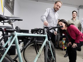 Valérie Plante gets a tour of bicycle accessory-maker SmartHalo on Thursday, Nov. 9, 2017. Plante could be a saviour for both Bike-Josh and Car-Josh.